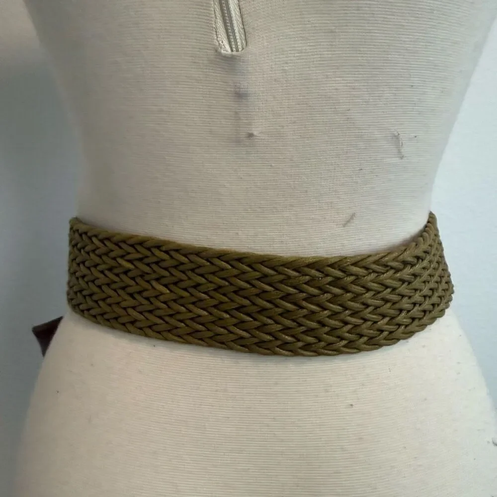 Large Buckle Olive Khaki Crochet Woven Belt Small-Medium Faux Leather